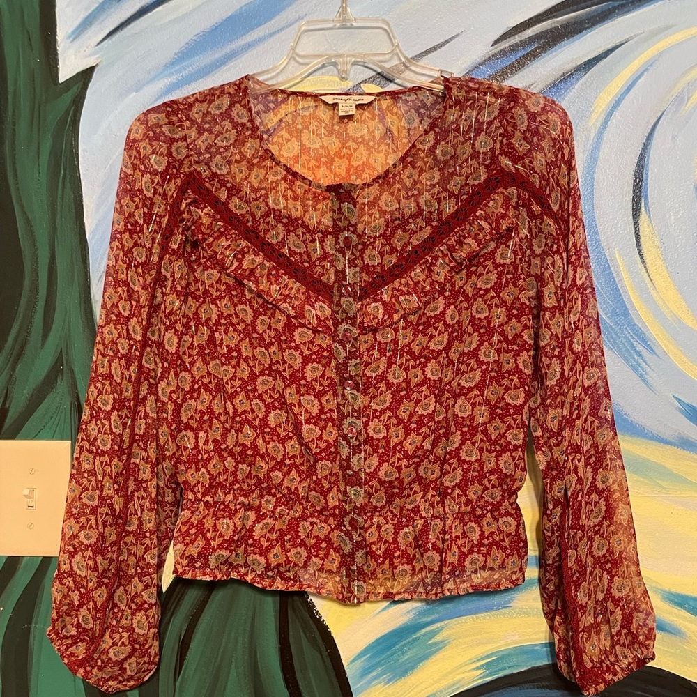 American Eagle Maroon long sleeve peasant blouse